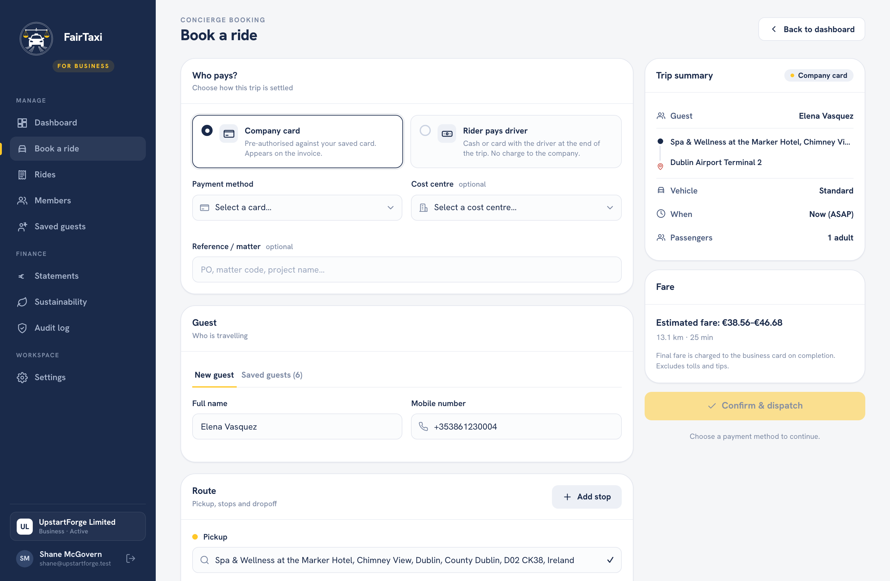 FairTaxi Business concierge booking form for guests and staff