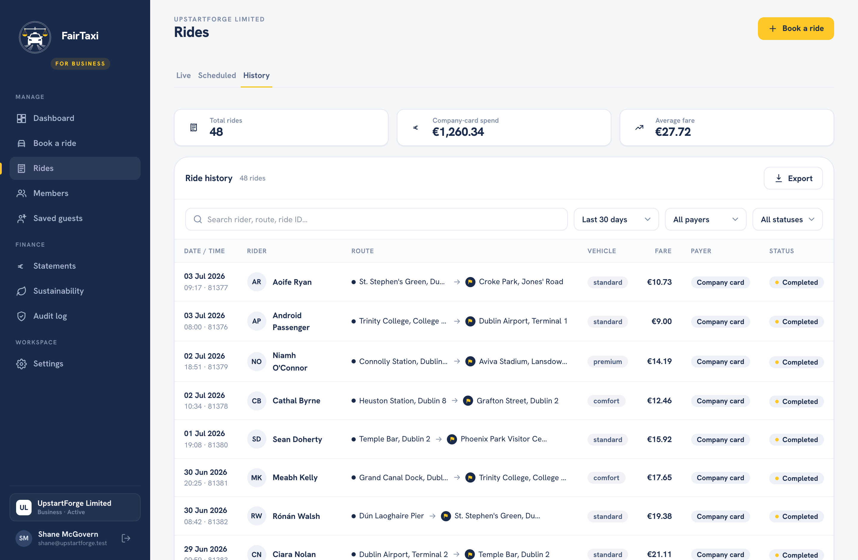 FairTaxi Business live ride tracking with driver and vehicle details