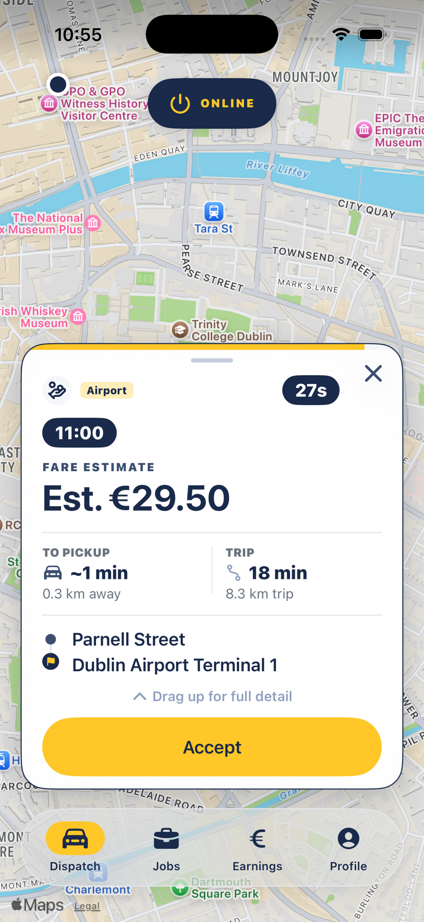 FairTaxi driver app, an incoming dispatch offer