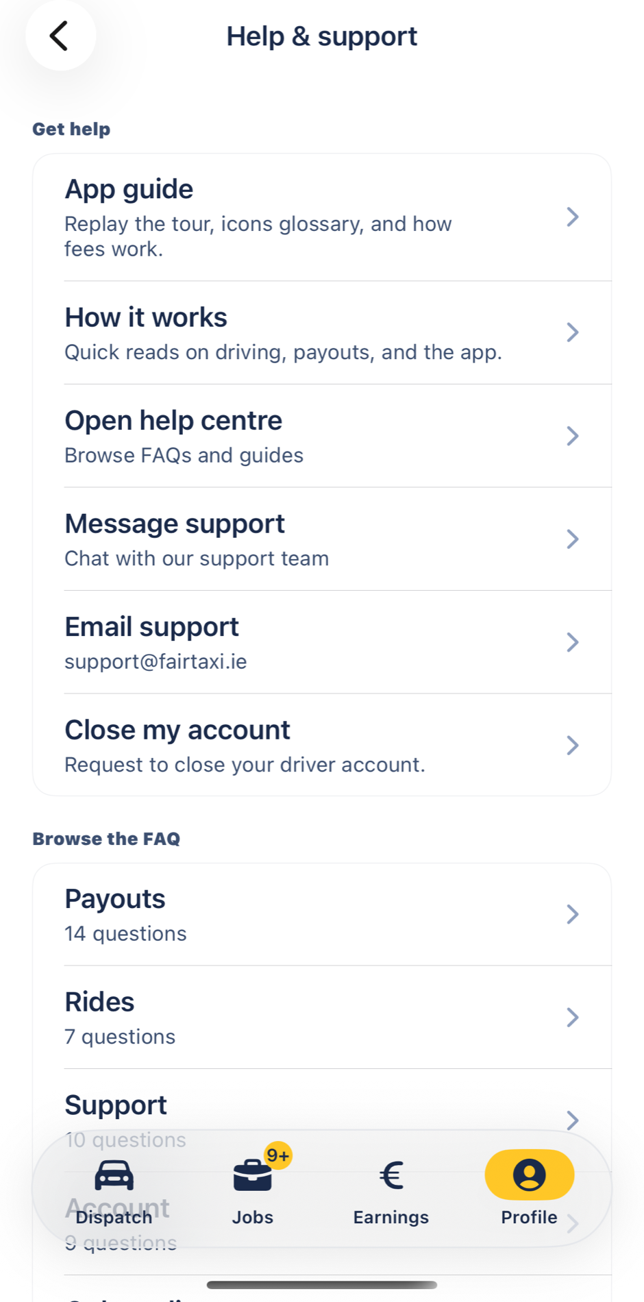 Driver · support: FairTaxi on iPhone