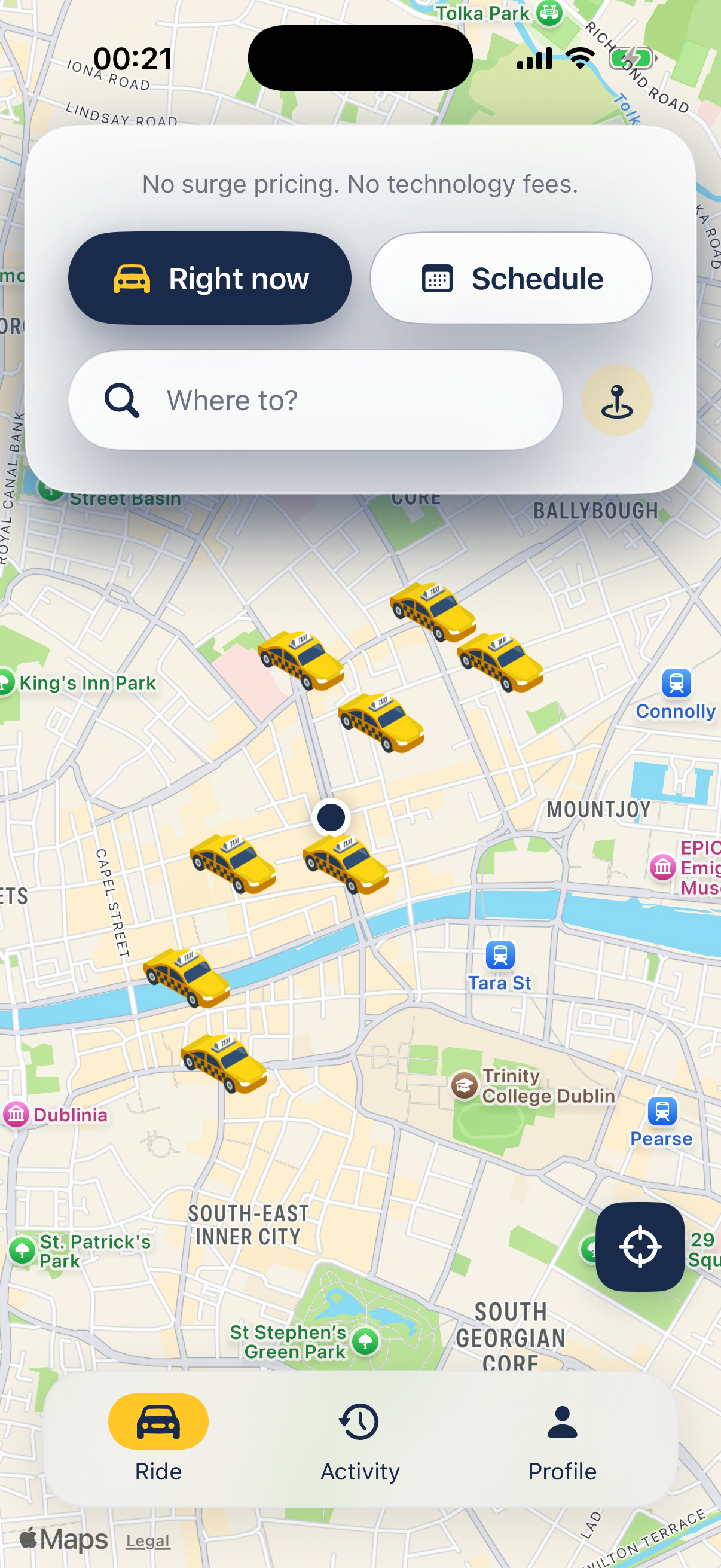 FairTaxi rider app, fare estimate on the Dublin map