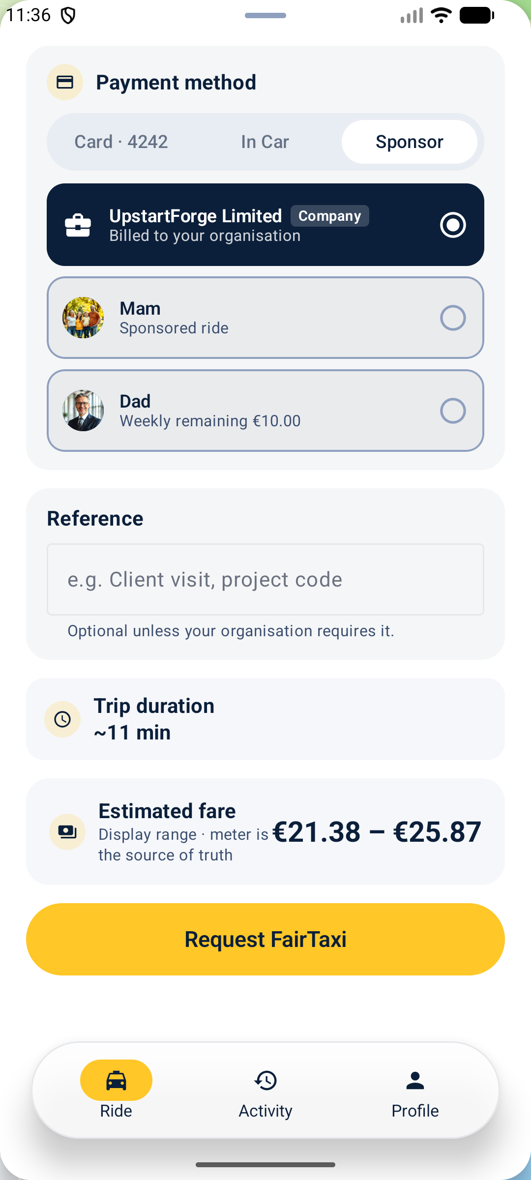 Rider · paying: FairTaxi on Android