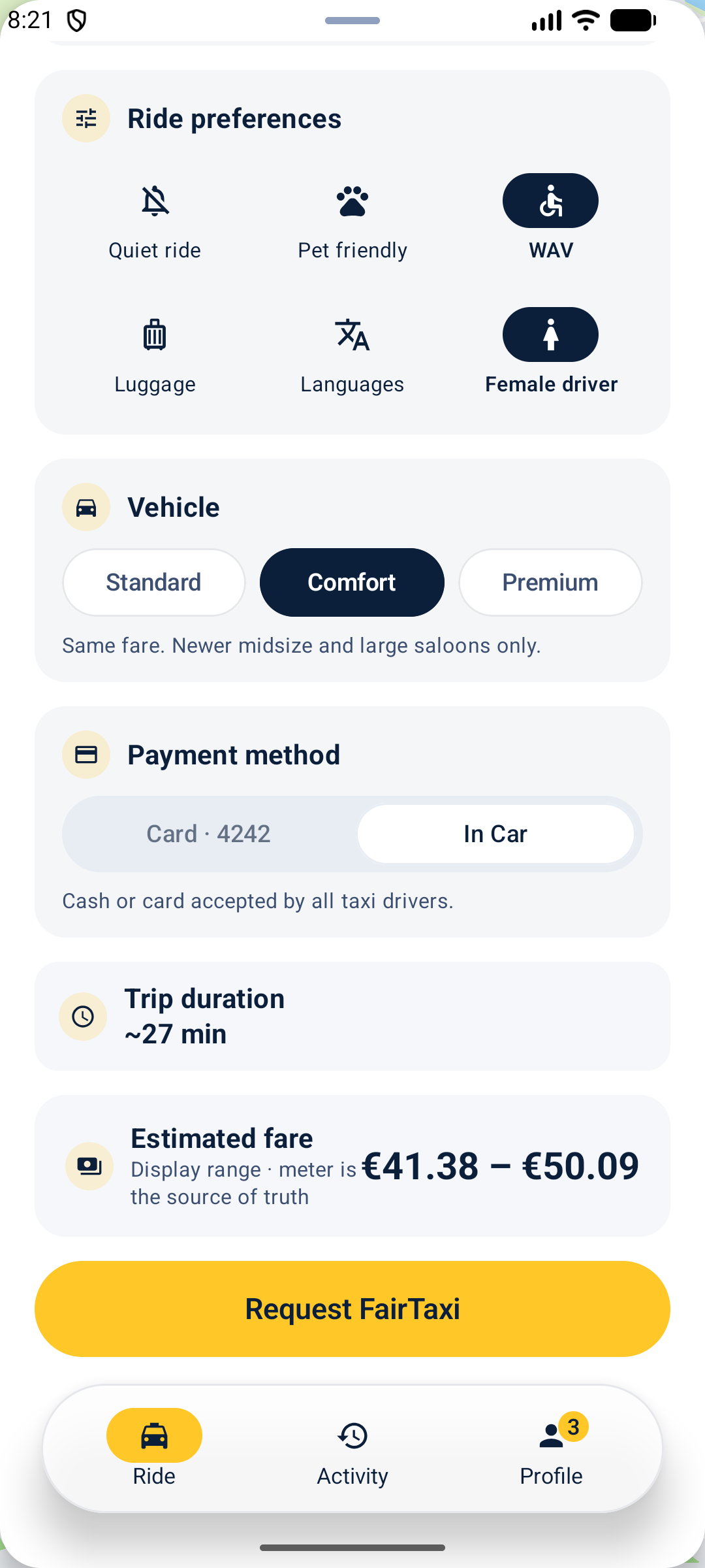 Rider · safety: FairTaxi on Android